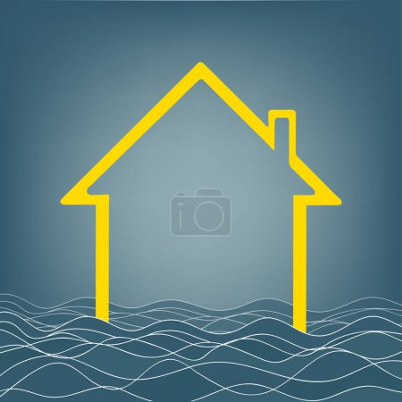 Einfamilienhaus wird von Überschwemmungen und Überschwemmungen überflutet. Naturkatastrophe und Katastrophe. Vektor-Illustration von Gebäude und Wasserwelle.