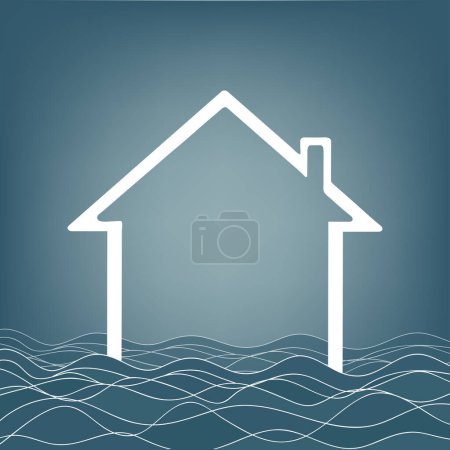 Family house is flooded by flooding and deluge. Natural disaster and catastrophe. Vector illustration of building and wave of water.