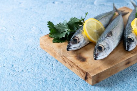 Photo for Raw mackerel fish salt around on blue background. Copy space - Royalty Free Image