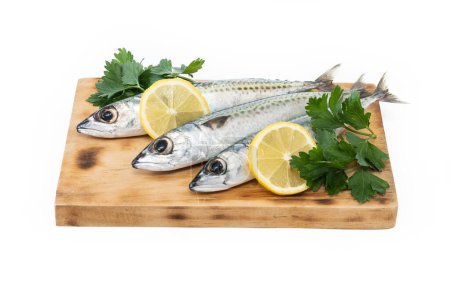 Photo for Raw mackerel fish on cutting board isolated on white background - Royalty Free Image