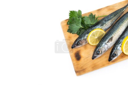 Photo for Raw mackerel fish on cutting board isolated on white background. Top view. Copy space - Royalty Free Image