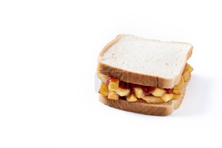 Photo for Traditional British chip butty (french fry sandwich) isolated on white background. Copy space - Royalty Free Image