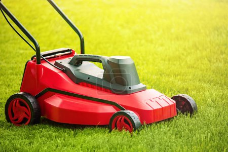 Photo for Mowing the lawn. Lawnmower on green grass. - Royalty Free Image