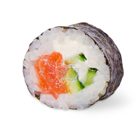 Photo for Photo of food roll isolate. Roll with rice, noori seaweed, salmon, cucumber and Philadelphia cheese. - Royalty Free Image