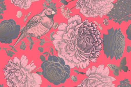 Illustration for Luxury Floral seamless pattern. Blooming flowers, birds and butterflies. Garden flowers Roses, Peonies, Hydrangea. Vintage background for paper, wallpaper, textile. Vector illustration. - Royalty Free Image