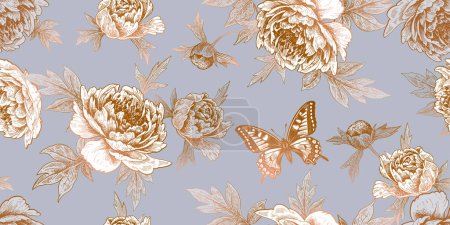 Illustration for Luxurious garden flowers peonies and butterflies seamless pattern. Vector illustration. Floral background. Vintage. Gray background and gold foil printing. - Royalty Free Image