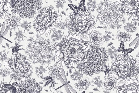 Illustration for Peonies, hydrangea, asters, butterflies and dragonflies. Seamless summer pattern. Luxurious garden flowers and insects. Vintage. Vector illustration. Black and white background. - Royalty Free Image