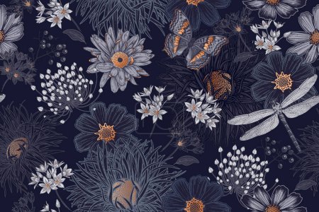 Illustration for Cute wildflowers, butterflies and dragonflies seamless pattern. Flowers and insects. Vector art illustration. Navy blue background and gold foil printing. Floral pattern for textiles, paper, wallpapers. - Royalty Free Image