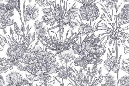 Illustration for Floral seamless pattern. Spring flowers tulips, daffodils, primroses, irises, hyacinths. Black and white background. Template for textile, wallpaper, paper. Vintage. Vector illustration. - Royalty Free Image