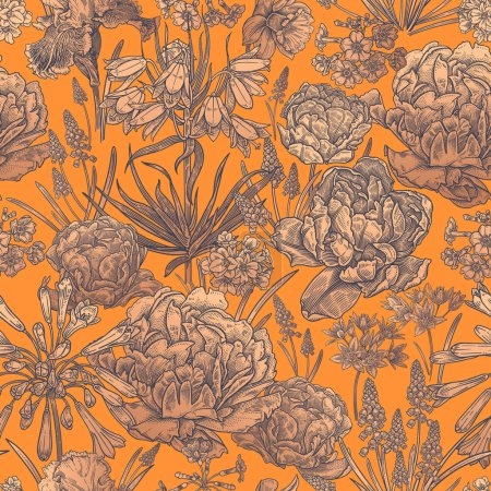 Illustration for Bright luxury floral seamless pattern. Spring flowers tulips, daffodils, primroses, irises. Gold foil printing on yellow background. Template for textile, wallpaper, paper. Vintage. Vector - Royalty Free Image