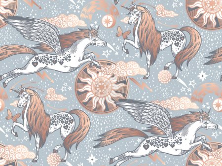 Flying Unicorn Horse with wings. Raindrops, clouds, rainbow, sun. Animal seamless pattern. Vector illustration. Vintage engraving. Gold print on blue background. Template for wallpaper, paper, textile