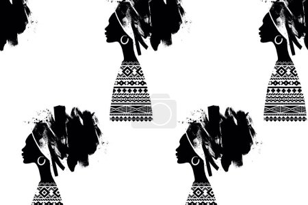 Ilustración de Mujeres africanas. Tema BLM. Patrón sin costura en blanco y negro. Pinceladas abstractas y gráficos dibujados a mano. Vector. - Imagen libre de derechos