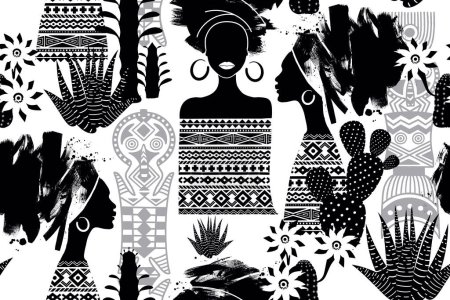 Illustration for African women, African pattern and cactus flowers. BLM theme. Black and white seamless background. Abstract brush strokes and hand drawn graphics. Vector. - Royalty Free Image