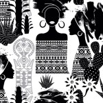 African women, African pattern and cactus flowers. BLM theme. Black and white seamless background. Abstract brush strokes and hand drawn graphics. Vector.