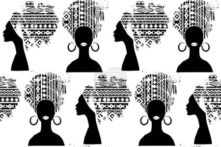 Illustration for African women and African pattern. BLM theme. Black and white seamless pattern. Abstract brush strokes and hand drawn graphics. Vector. - Royalty Free Image