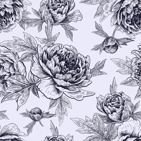 Illustration for Garden flowers peonies seamless pattern. Vector illustration. Black and White Floral background. Vintage. - Royalty Free Image