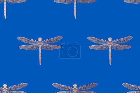Illustration for Golden dragonflies on a bright blue background. Seamless pattern. Minimalistic background. Vector illustration. Template for textile, wallpaper, paper. - Royalty Free Image