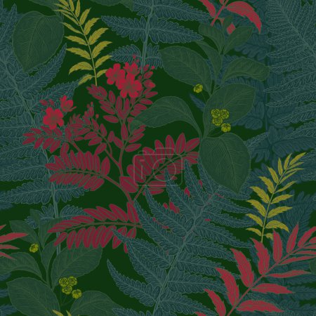 Illustration for Fern leaves, flowers and berries. Floral seamless pattern. Dark background. Vector illustration. Template for textile, wallpaper, paper. - Royalty Free Image