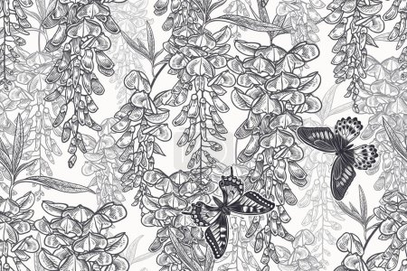 Téléchargez les illustrations : Papillons et branches d'arbre. Wisteria liana. Motif floral sans couture. Fleurs et feuilles de jardin. Noir et blanc. Illustration vectorielle. Décor vintage. - en licence libre de droit