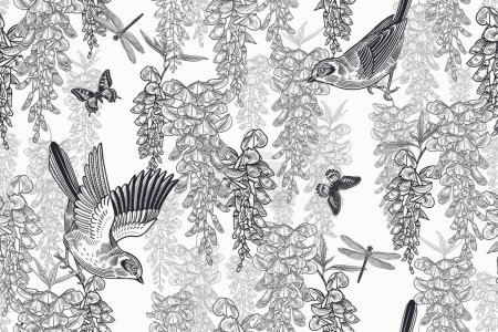 Illustration for Cute birds, butterflies and dragonfly on the branches of tree. Wisteria liana. Floral seamless pattern. Garden flowers and leaves. Black and white. Vector illustration. Vintage decor. - Royalty Free Image