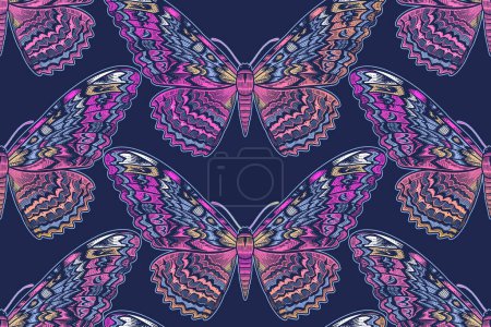 Illustration for Beautiful decorative butterflies. Seamless summer abstract pattern. Vector illustration with insects on black background. Vintage. Template for textiles, interior, clothes, paper and wallpaper. - Royalty Free Image