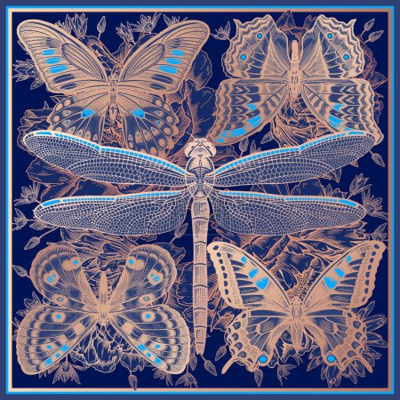 Illustration for Luxury Pattern. Butterflies, Dragonfly and Garden Flowers on Dark Blue Background. Gold foil print. Template for Scarves, Pillows, Packaging. Vintage. Blooming Plants and Insects. Vector Illustration. - Royalty Free Image