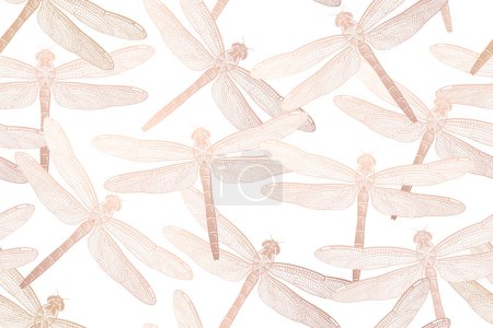 Illustration for Flying decorative dragonflies on white background. Seamless summer abstract pattern. Vector illustration with insects. Gold foil. Vintage. Template for textiles, interior, clothes, paper and wallpaper - Royalty Free Image