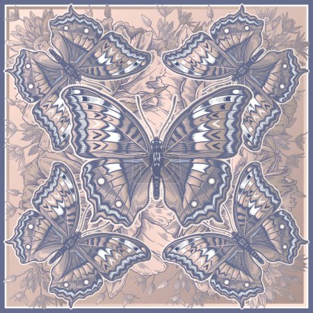 Illustration for Luxury Pattern. Butterflies on Garden Flowers Background. Grey, white and gold foil. Template for Scarves, Pillows, Packaging. Vintage. Flowering Plants and Insects Background. Vector Illustration. - Royalty Free Image