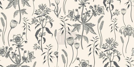 Illustration for Dry herbs, cereals, and wildflowers seamless pattern. Navy blue Vintage background for creating textiles, fabrics, paper, wallpapers. Dark background. Vector illustration. - Royalty Free Image