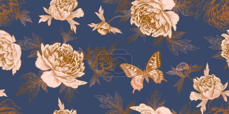 Illustration for Floral summer background. Seamless Pattern. Blooming Flowers Peonies and Butterflies. Vintage Template for paper, wallpapers, textiles. Vector illustration. Navy Blue and Gold. - Royalty Free Image