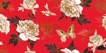 Illustration for Floral summer Seamless Pattern. Blooming Flowers Peonies and Butterflies. Vintage Template for paper, wallpapers, textiles. Vector illustration. Red  background and Gold foil print. - Royalty Free Image