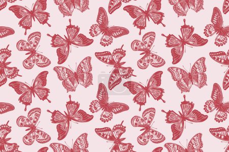 Illustration for Flying graphic abstract butterflies. Red and white illustration. Seamless patterns of fabrics, textiles, imprints of pillows, summer clothes, window dressing decorations. Trendy background. - Royalty Free Image