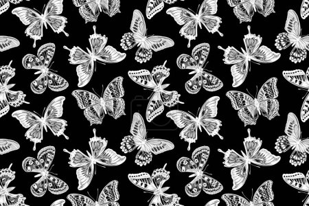 Illustration for Flying graphic abstract butterflies. Black and white illustration. Seamless patterns of fabrics, textiles, imprints of pillows, summer clothes, window dressing decorations. Trendy background. - Royalty Free Image
