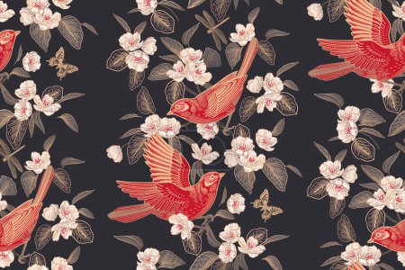 Illustration for Red birds on branches, butterflies, dragonfly on black background. Flowers and leaves of Blossoming tree. Floral seamless pattern. Spring Vector illustration. Vintage. Template for wallpaper, paper. - Royalty Free Image