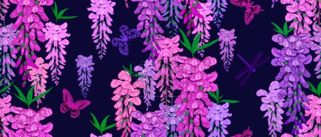 Illustration for Luxurious Floral seamless pattern. Butterflies, Dragonfly and branches of Wisteria liana. Lilac and purple flowers on black background. Vector illustration. Vintage decor. - Royalty Free Image