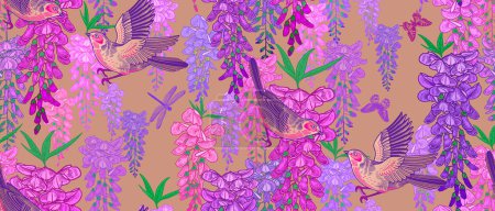 Illustration for Luxurious Floral seamless pattern. Birds, butterflies and dragonfly on branches of Wisteria liana. Lilac and purple flowers on gold background. Vector illustration. Vintage decor. - Royalty Free Image