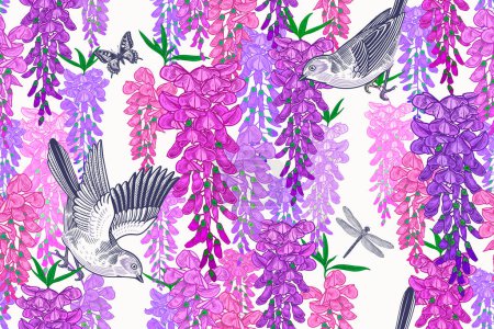 Illustration for Cute birds, butterflies and dragonfly on the branches of tree. Wisteria liana. Floral seamless pattern. Garden flowers and leaves. Vector illustration. Vintage decor for paper, wallpapers, textiles. - Royalty Free Image
