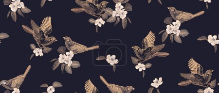 Illustration for Cute birds and flowers. Simple seamless pattern. Black, white and gold foil printing on a black background. Vector illustration. Vintage decor. - Royalty Free Image