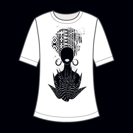 Illustration for African girl in ornamental clothes and aloe plant silhouette. Decorative print on a T-shirt. Black and white. Vector illustration. - Royalty Free Image