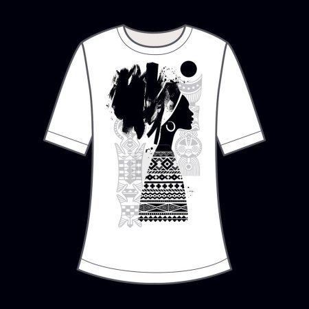 Illustration for African girl in profile and African patterns silhouette. Decorative print on a T-shirt. Black and white. Vector illustration. - Royalty Free Image