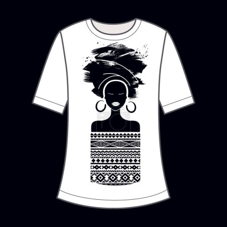 Illustration for African girl in ornamental clothes silhouette. Decorative print on a T-shirt. Black and white. Vector illustration. - Royalty Free Image