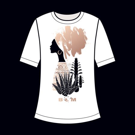 Illustration for African girl in profile and plants cacti silhouette. BLM inscription. Decorative print on a T-shirt. Gold foil, black and white. Vector illustration. - Royalty Free Image