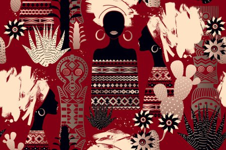 Illustration for African women, African pattern and cactus flowers. BLM theme. Gold and red seamless background. Abstract brush strokes and hand drawn graphics. Vector. - Royalty Free Image