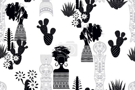 Téléchargez les illustrations : Femmes africaines, motif africain et fleurs de cactus. Thème BLM. Fond sans couture noir et blanc. Coups de pinceau abstraits et graphiques dessinés à la main. Vecteur. - en licence libre de droit