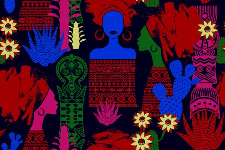 Ilustración de Mujeres africanas, patrón africano y flores de cactus. Tema BLM. Fondo brillante sin costuras. Pinceladas abstractas y gráficos dibujados a mano. Vector. - Imagen libre de derechos