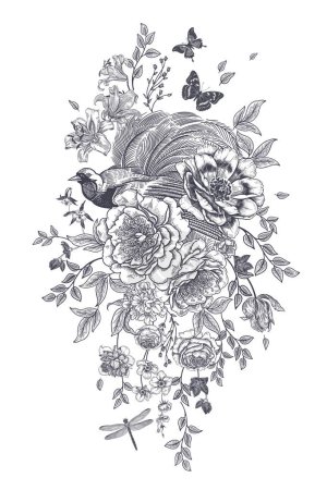 Illustration for Wedding Flower Decoration. Floral Garland, bird of paradise, butterflies and dragonfly. Garden flowers peonies, roses, lilies, branches and leaves. Black and white vector illustration. Vintage. - Royalty Free Image
