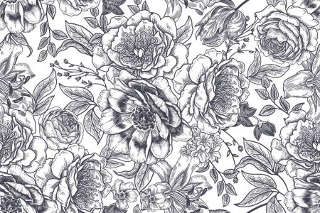 Illustration for Seamless floral background. Peonies, roses, tulips, lilies and other luxurious flowers. Black and white pattern. Vector illustration. Vintage. Template for paper, wallpaper, textiles. Monochrome - Royalty Free Image