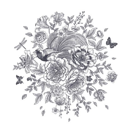 Illustration for Wedding Floral Decoration. Flower Bouquet, bird of paradise, butterflies and dragonfly. Garden flowers peonies, roses, lilies, branches and leaves. Black and white vector illustration. Vintage. - Royalty Free Image