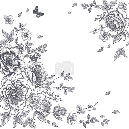 Illustration for Luxurious garden blooming flowers peonies, roses and butterfly. Template for wedding decor. Vintage botanical vector illustration. Vintage. Black and white. - Royalty Free Image