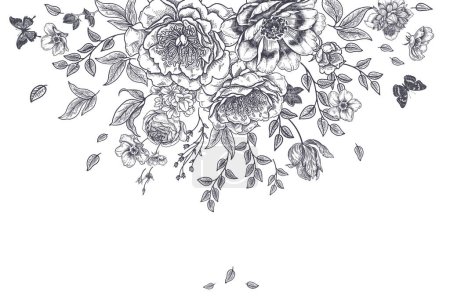 Ilustración de Guirnalda de flores florecientes de lujo. Peonías, rosas, ramas, hojas y mariposas. Ilustración de vectores botánicos vintage. Boda decoración floral. Vintage - Imagen libre de derechos